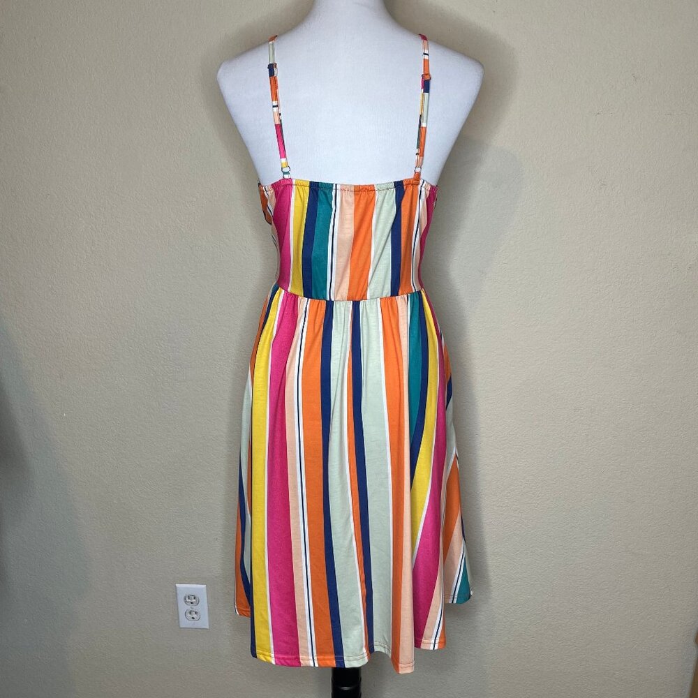 Cotton ModCloth Retro Rainbow Stripe Tie-Front Cutout Midi Dress Sundress L - Picture 5 of 13